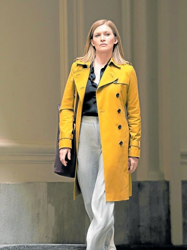 Mireille Enos Wearing Double Breasted Yellow Coat In Hanna as Marissa