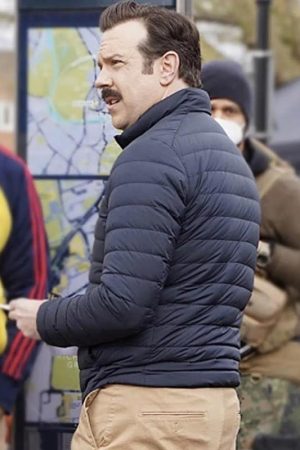 Actor Jason Sudeikis Wearing Puffer Jacket In Ted Lasso