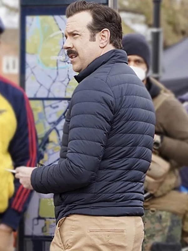 Actor Jason Sudeikis Wearing Puffer Jacket In Ted Lasso