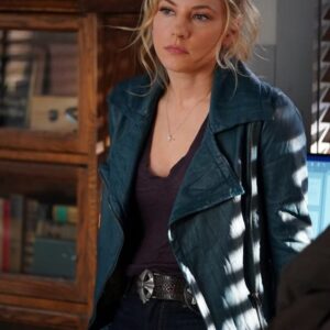 Katheryn Winnick Wearing Blue Faux Leather Jacket In Big Sky Series as Jenny Hoyt