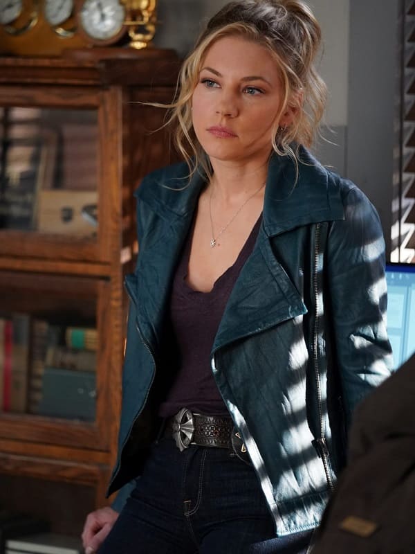 Katheryn Winnick Wearing Blue Faux Leather Jacket In Big Sky Series as Jenny Hoyt
