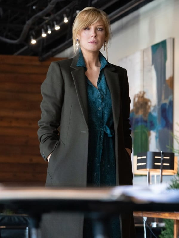 Actress Kelly Reilly Wearing Black Wool Coat In Yellowstone Meaner Than Evil as Beth Dutton