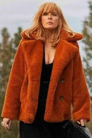 Actress Kelly Reilly Wearing Fur Fluffy Jacket In Yellowstone as Beth Dutton