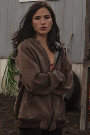 Actress Kelsey Asbille Wearing Brown Hoodie In Yellowstone as Monica Dutton