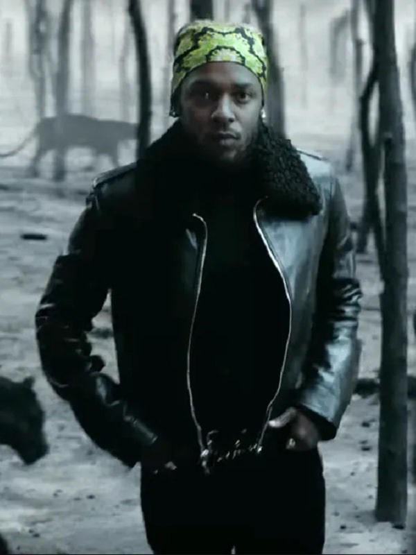 American Rapper Kendrick Lamar Wearing Fur Collar Black Leather Jacket