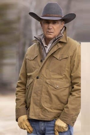 Actor Kevin Costner Wearing Brown Cotton Jacket In Tv Series Yellowstone as John Dutton
