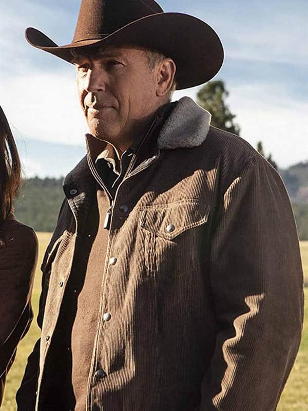 Actor Kevin Costner Wearing Brown Corduroy Jacket In TV Series Yellowstone as John Dutton