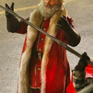Kurt Russell Wearing Red Leather fur Coat In The Christmas Chronicles Part Two as Santa Claus Costume