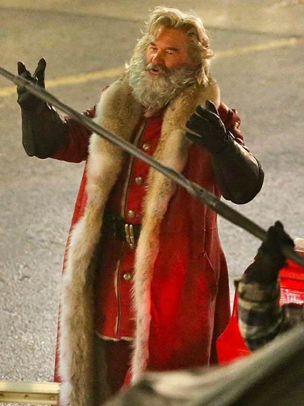 Kurt Russell Wearing Red Leather fur Coat In The Christmas Chronicles Part Two as Santa Claus Costume