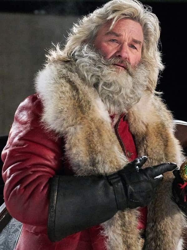 Actor Kurt Russell Wearing Red Leather shearling Coat In Film The Christmas Chronicles Part Two as Santa Claus