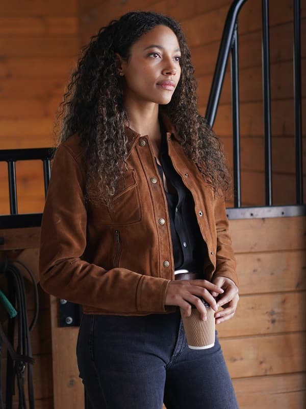 Canadian-American Actress Kylie Bunbury Wearing Brown Leather Jacket In Big Sky TV Series