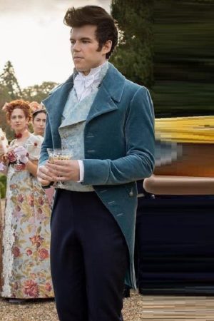Luke Newton Wearing Blue Coat In Bridgerton as Colin Bridgerton