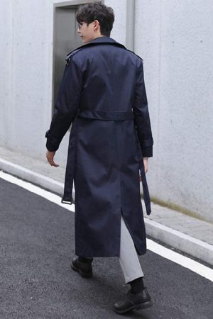 A Men Wearing Navy-Blue Double Breasted Trench Coat