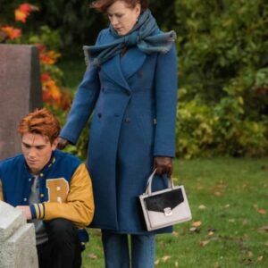 Actress Molly Ringwald Wearing Blue Wool Coat In Riverdale as Mary Andrews