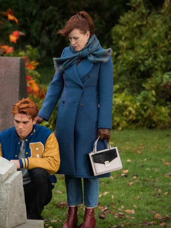 Actress Molly Ringwald Wearing Blue Wool Coat In Riverdale as Mary Andrews