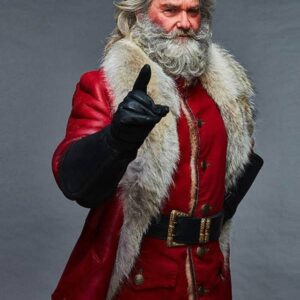 Actor Kurt Russell Wearing Red Leather shearling fur Coat In Film The Christmas Chronicles Part Two as Santa Claus