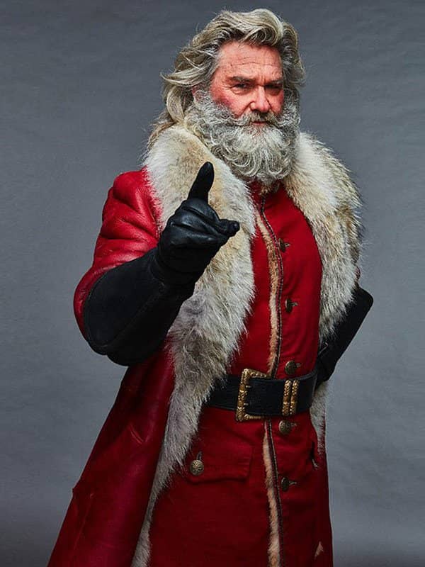 Actor Kurt Russell Wearing Red Leather shearling fur Coat In Film The Christmas Chronicles Part Two as Santa Claus