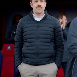 Actor Jason Sudeikis Wearing Puffer Jacket In Ted Lasso Film
