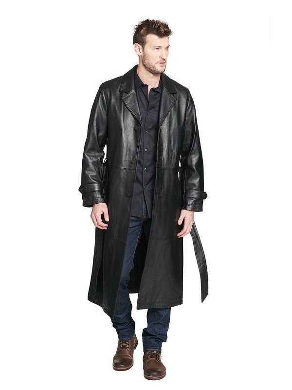 A Men Wearing Black Leather Trench The Huntsman Coat