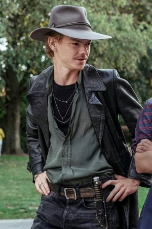 Actor Thomas Brodie-Sangster Wearing Black Leather Coat In The Queen's Gambit as Benny Watts