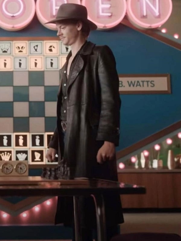 Actor Thomas Brodie-Sangster Wearing Black Leather Coat In TV Series The Queen's Gambit as Benny Watts