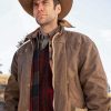 Actor Wes Bentley Wearing Brown Leather Jacket In Yellowstone as Jamie Dutton