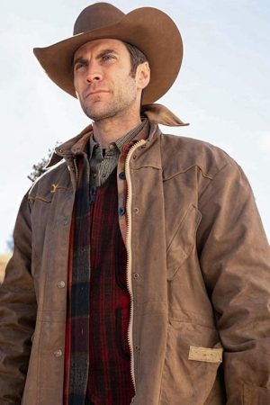 Actor Wes Bentley Wearing Brown Leather Jacket In Yellowstone as Jamie Dutton