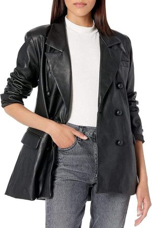 A Young Women Wearing Black Leather Blazer