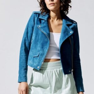 A Young Women Wearing Moto Style Suede Leather Blue Jacket
