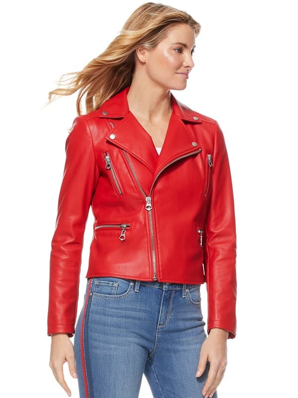A Young Women Wearing Red Biker Style Leather Jacket