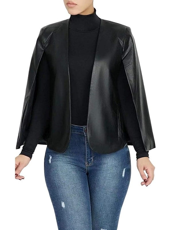 A Young Women Wearing Open Front Black Leather Cape Blazer