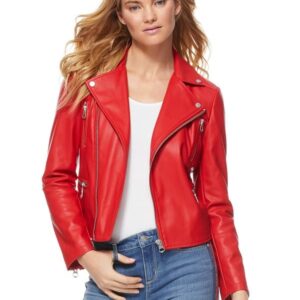 A Young Women Wearing Red Leather Jacket