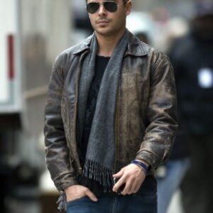 American Actor Zac Efron Wearing Brown Distressed Leather Jacket