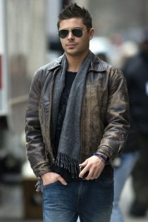 American Actor Zac Efron Wearing Brown Distressed Leather Jacket