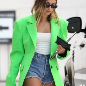 American Model Hailey Bieber Wearing Bright Green Blazer