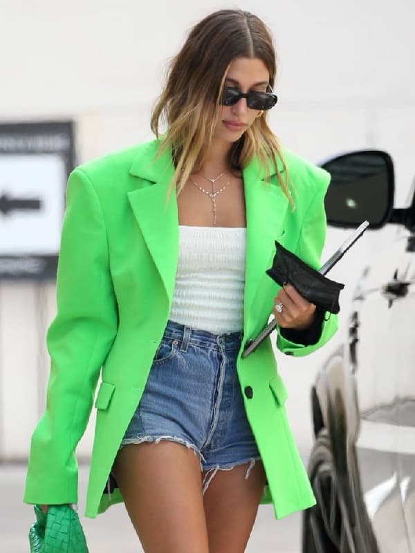 American Model Hailey Bieber Wearing Bright Green Blazer