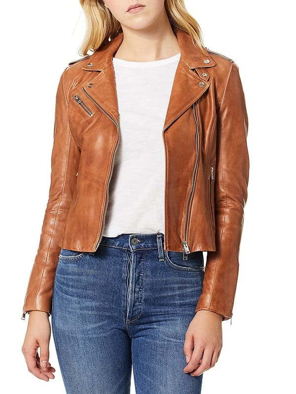 A Women Wearing Biker Brown Leather Jacket