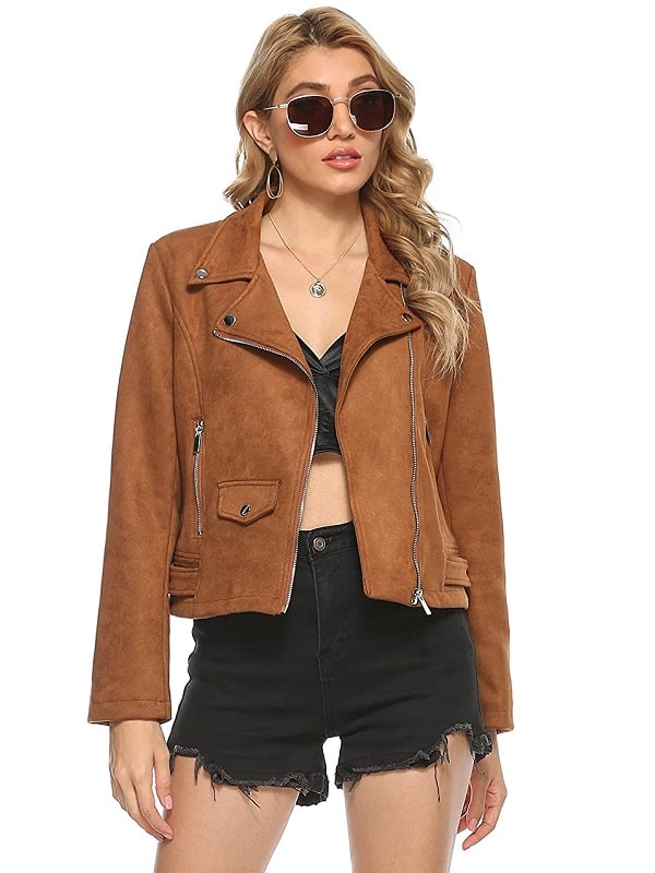 A Young Ladies Wearing Brown Leather Fashion Jacket