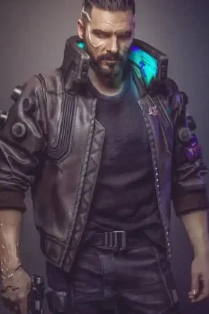 Close-up closure view of the Cyberpunk 2077 Samurai V Bomber Jacket featuring durable front zipper.