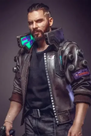Front view of the Cyberpunk 2077 Samurai V Bomber Jacket with iconic futuristic design.
