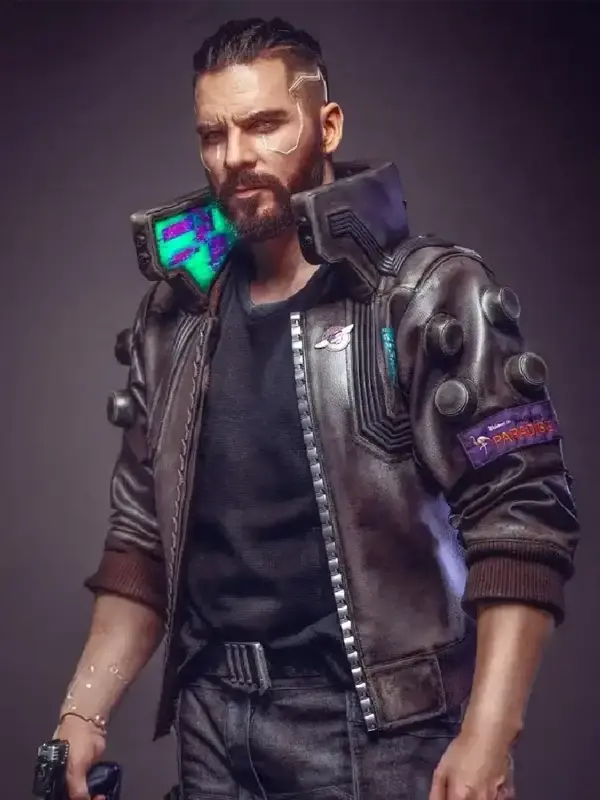 Front view of the Cyberpunk 2077 Samurai V Bomber Jacket with iconic futuristic design.
