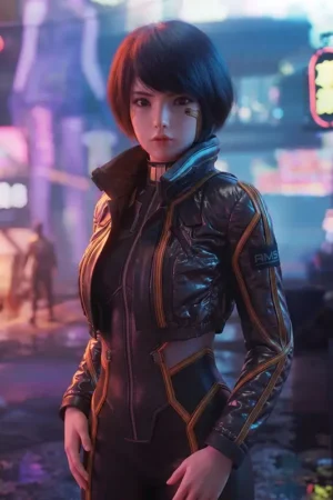 Front view of the Cyberpunk 2077 Syn Leather Jacket featuring a sleek futuristic design.