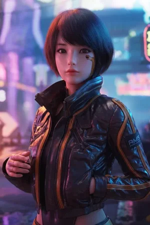Full view of the Cyberpunk 2077 Syn Leather Jacket with signature futuristic details.
