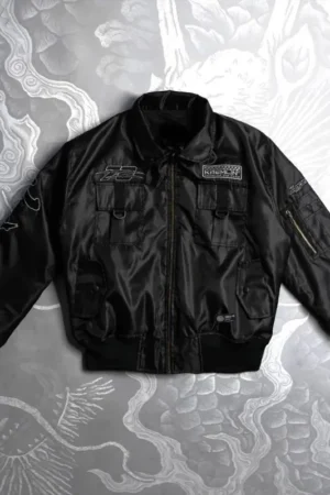 Front view of the Cyberpunk Tiger Dragon Bomber Jacket featuring bold futuristic graphics.